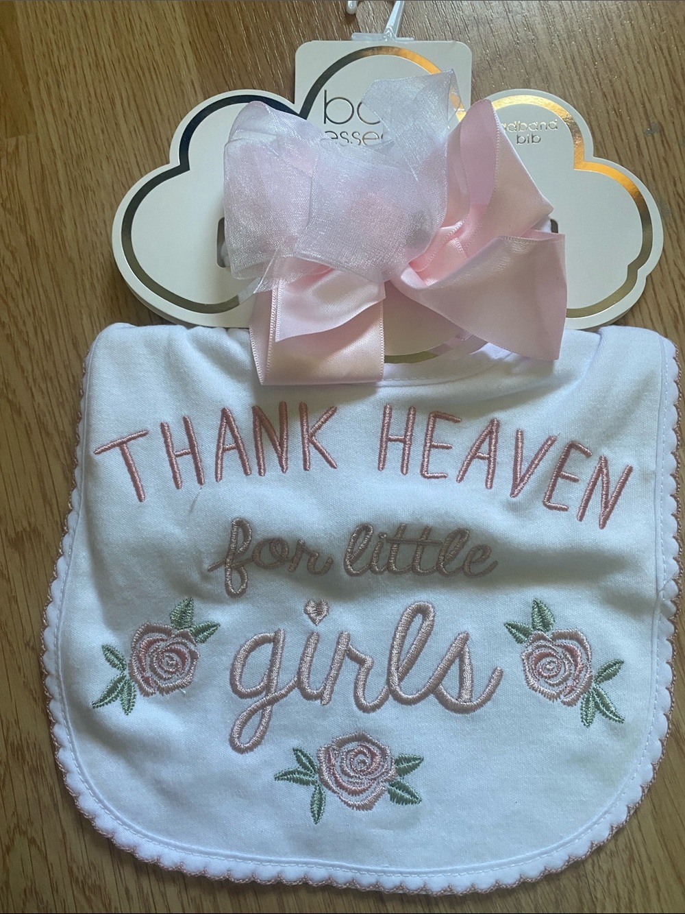 Baby Essentials White Bib with Pink Embroidery and Bow